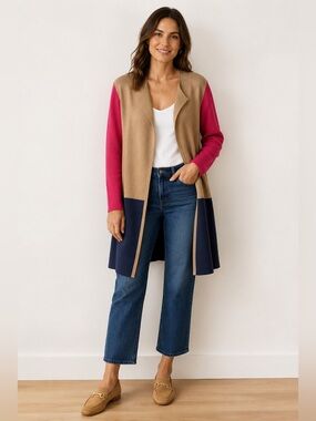 J.Crew Colorblock Longline Open Front Sweater Cardigan Size M 100% Cotton